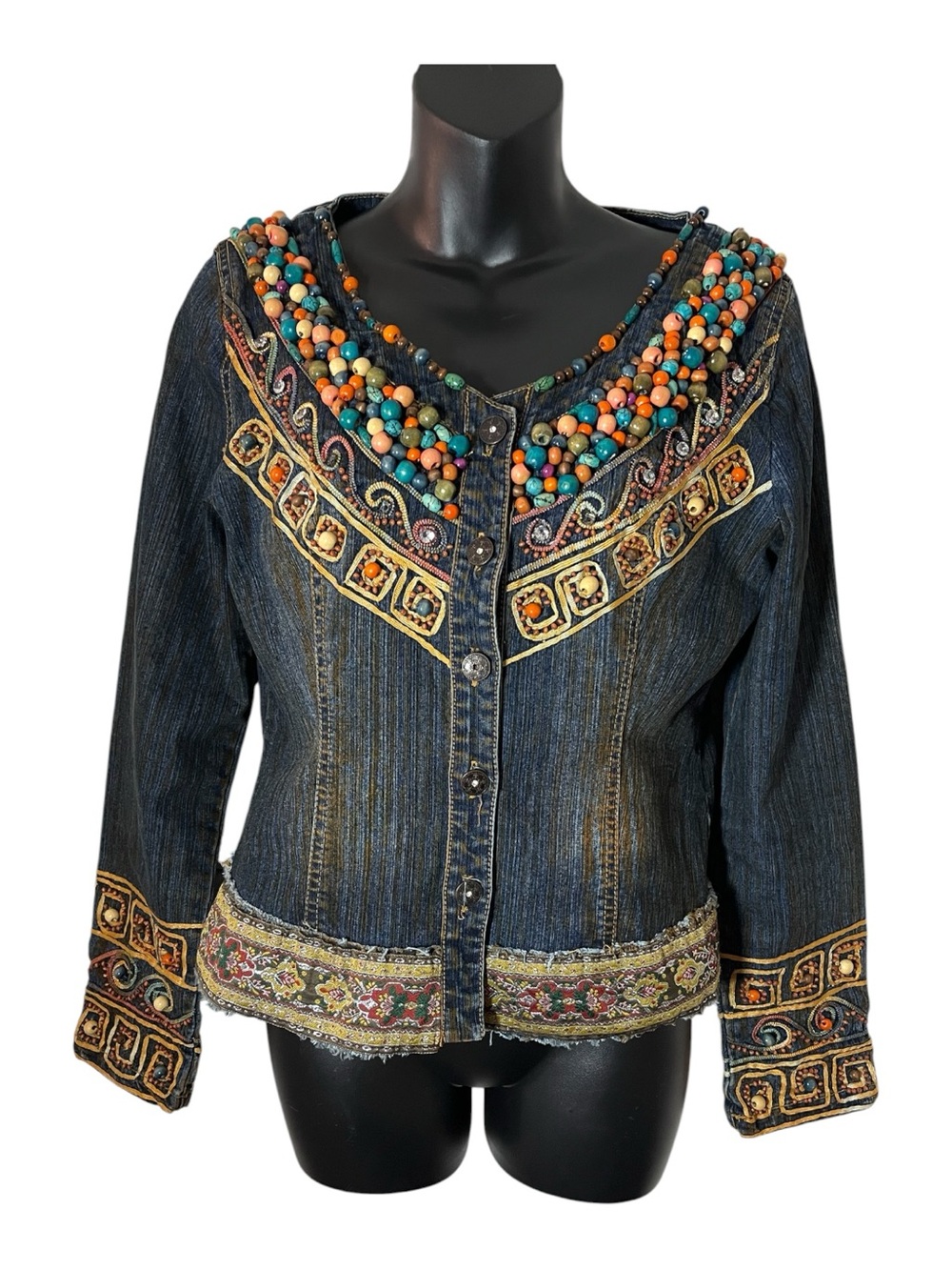 Dark Blue Embellished Denim Jacket with Multicolor Beaded allover size S euro30
